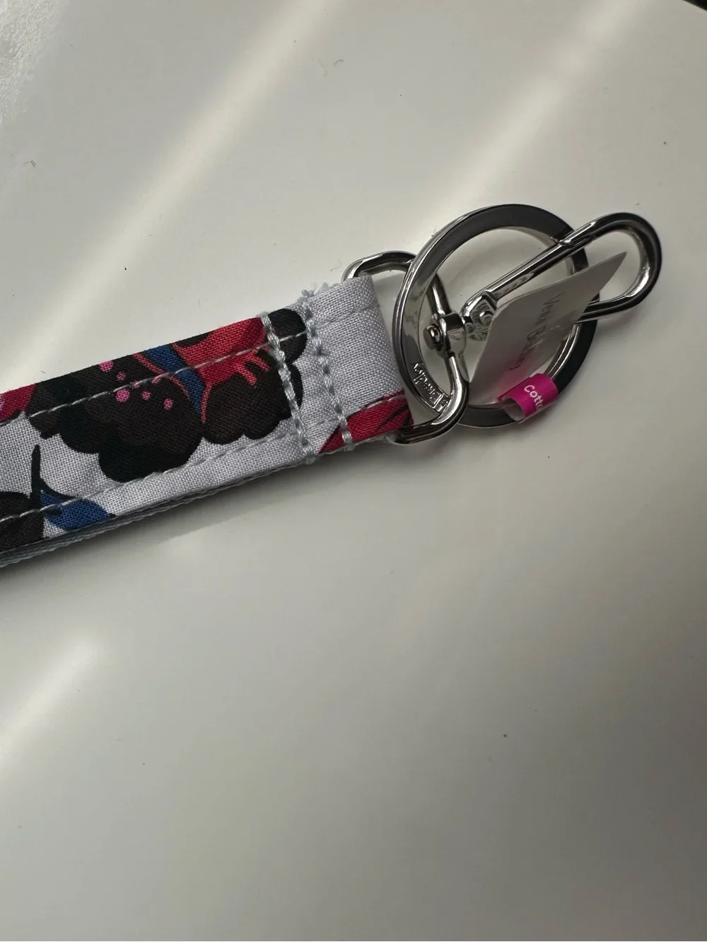 Vera Bradley White Floral Wrist Lanyard with Red, Blue & Purple Flowers